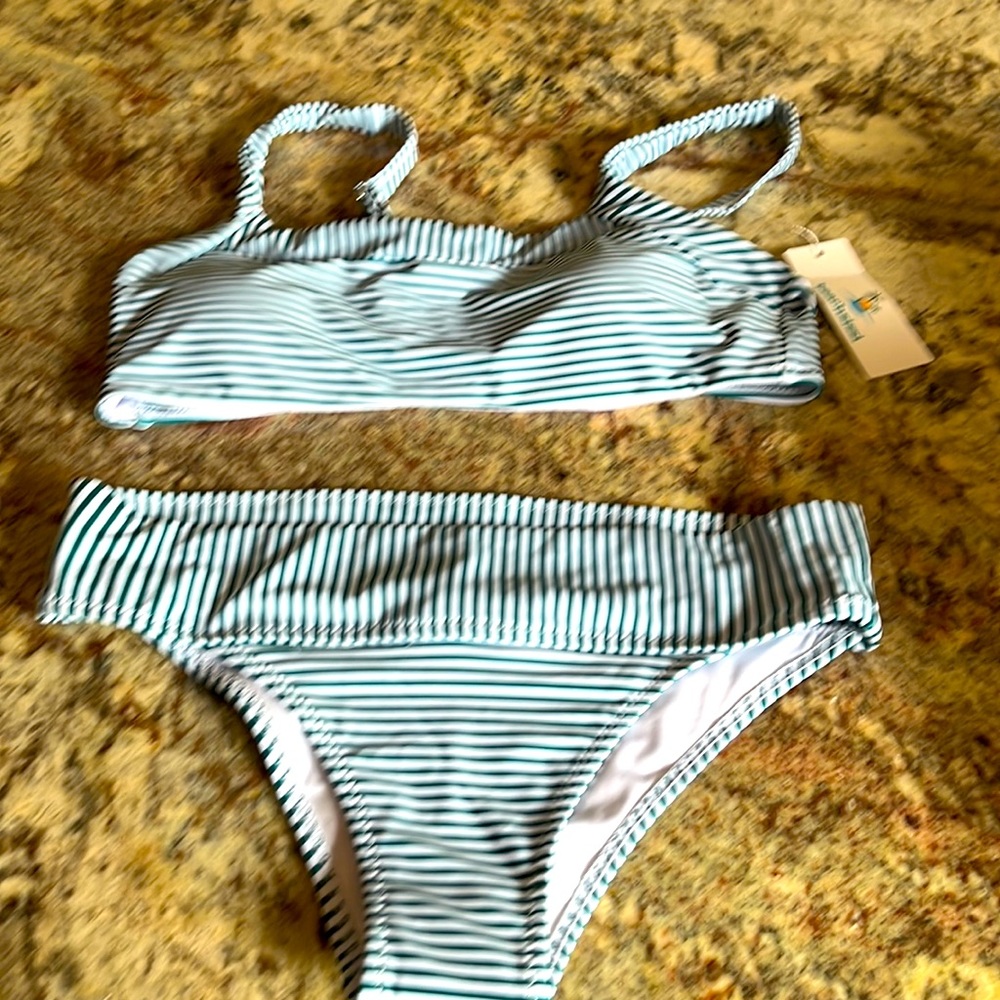 Beachsissi 2 piece padded bikini- green and white stripe size small